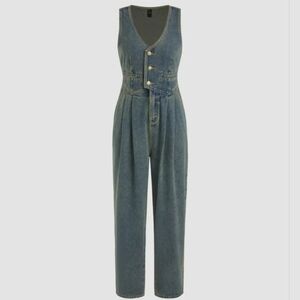 CIDER Denim V-neck Belted Straight Leg Jumpsuit